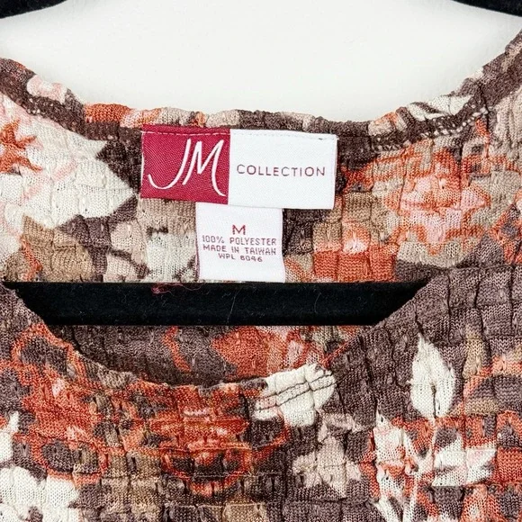 JM Collection Women's Medium Floral Textured Stretch Top Brown Orange Cream - Picture 3 of 5